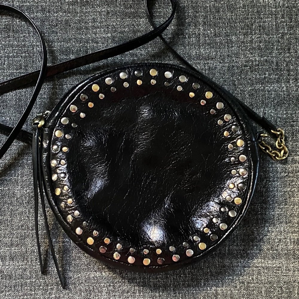 HOBO International Black Patent Leather Studded Crossbody Bag Mixed Metal